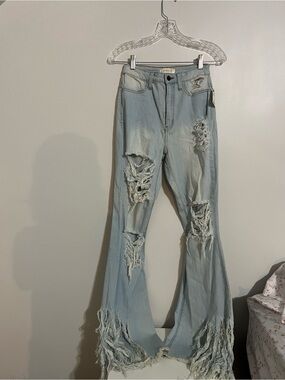Aphrodite Light Blue Distressed Flare Jeans with Frayed Hem
